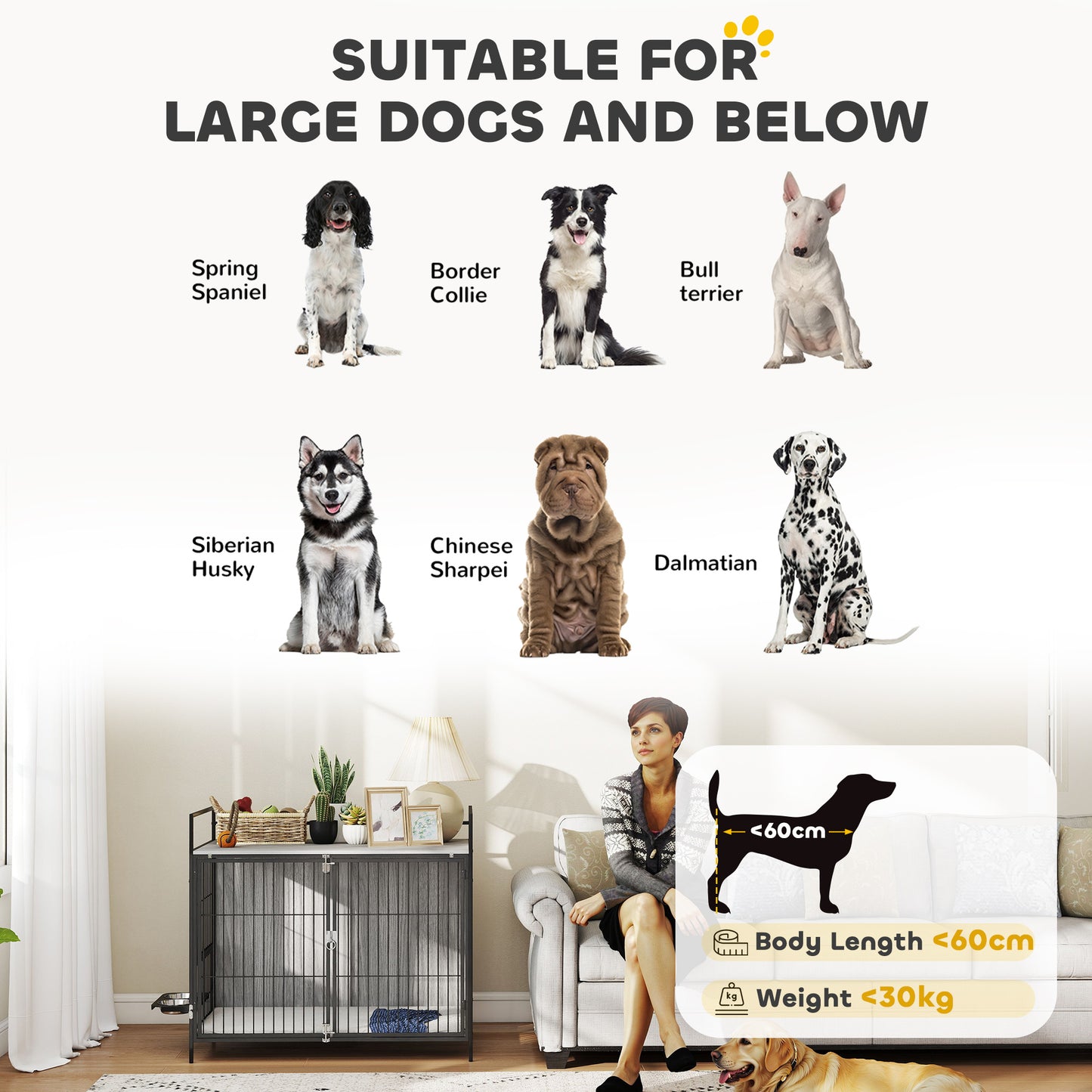 PawHut Large Dog Crate Furniture with Rotating Bowl Holder, 2 Bowls, 2 Doors, for Large Dogs, 100 x 60 x 88 cm, Grey