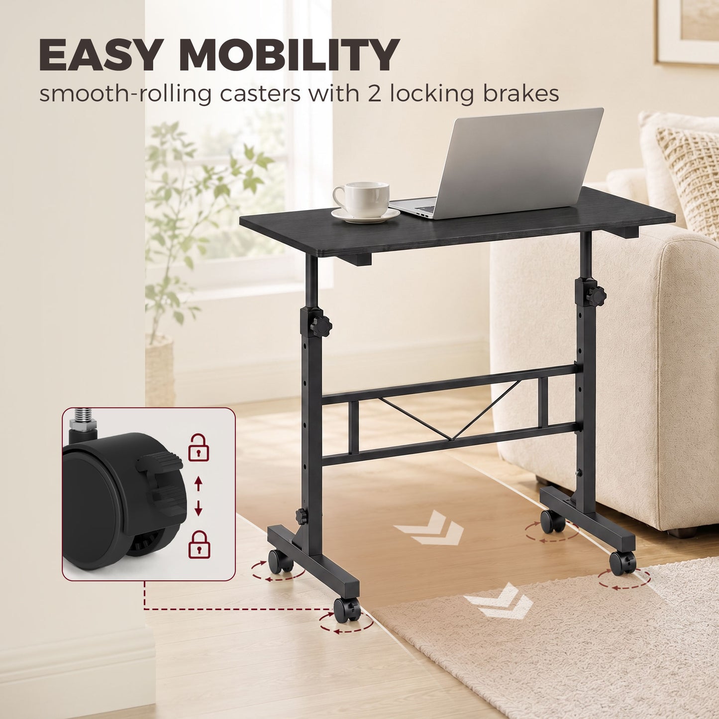 HOMCOM Overbed Table Adjustable Height Sofa Side Table with Wheels 80 x 40 cm Black