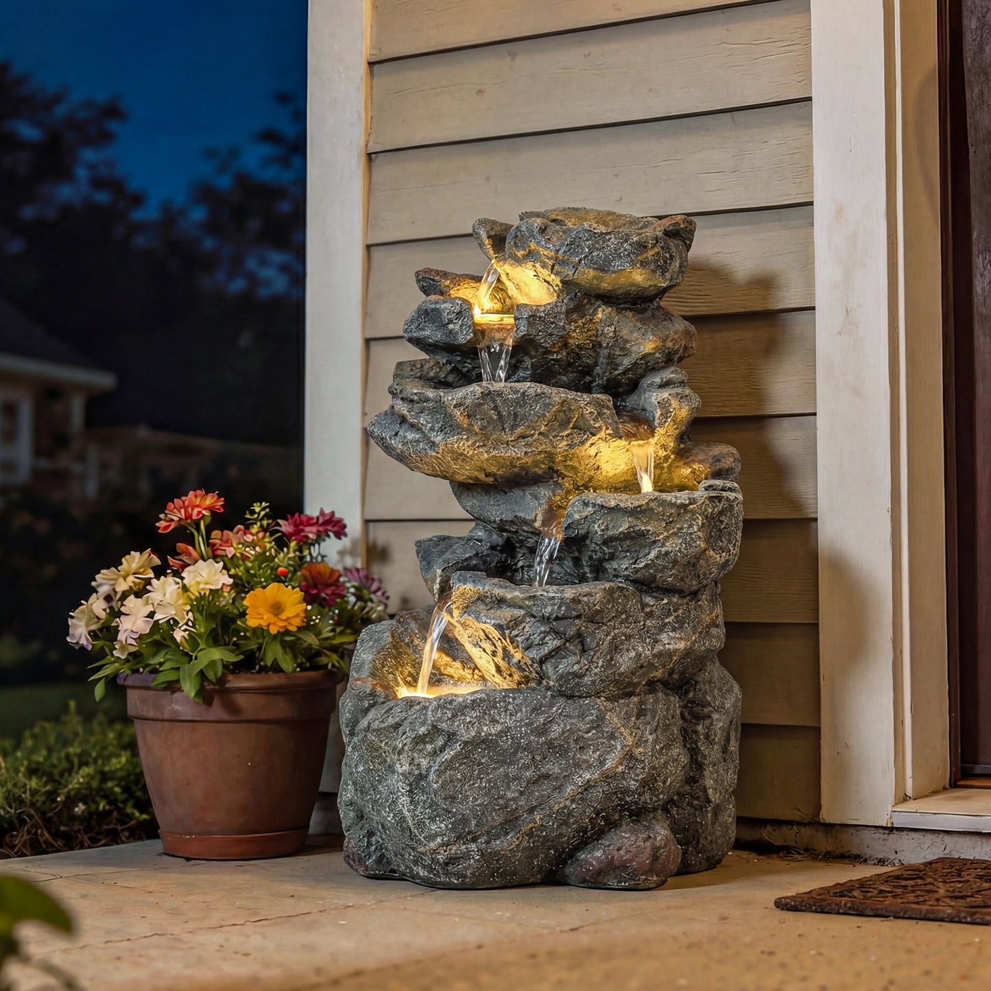 Outsunny Outdoor Water Fountain with 6-Tier Rock Style, Cascading Waterfall Feature with LED Lights, Adjustable Flow, Grey