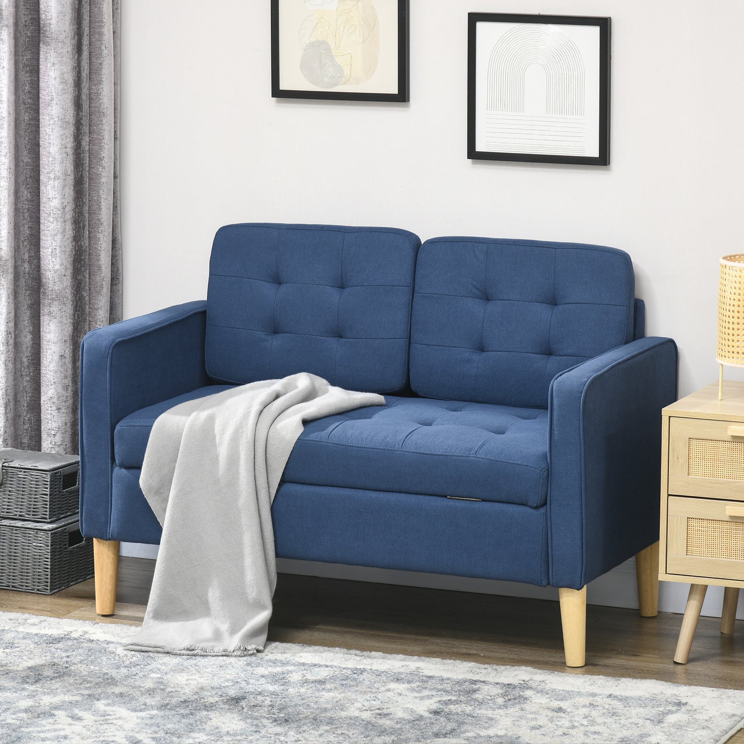 HOMCOM Modern Loveseat Sofa, Compact 2 Seater Sofa with Hidden Storage, 117cm Tufted Cotton Couch with Wood Legs, Blue