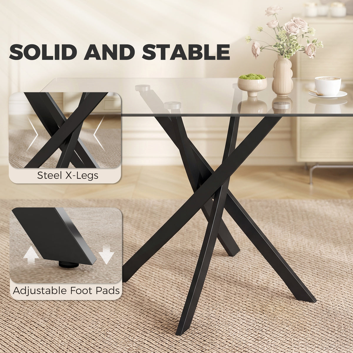 HOMCOM Rectangular Dining Table for 6 People, 120cm Modern Kitchen Table with Tempered Glass Top and Cross Steel Legs, Clear