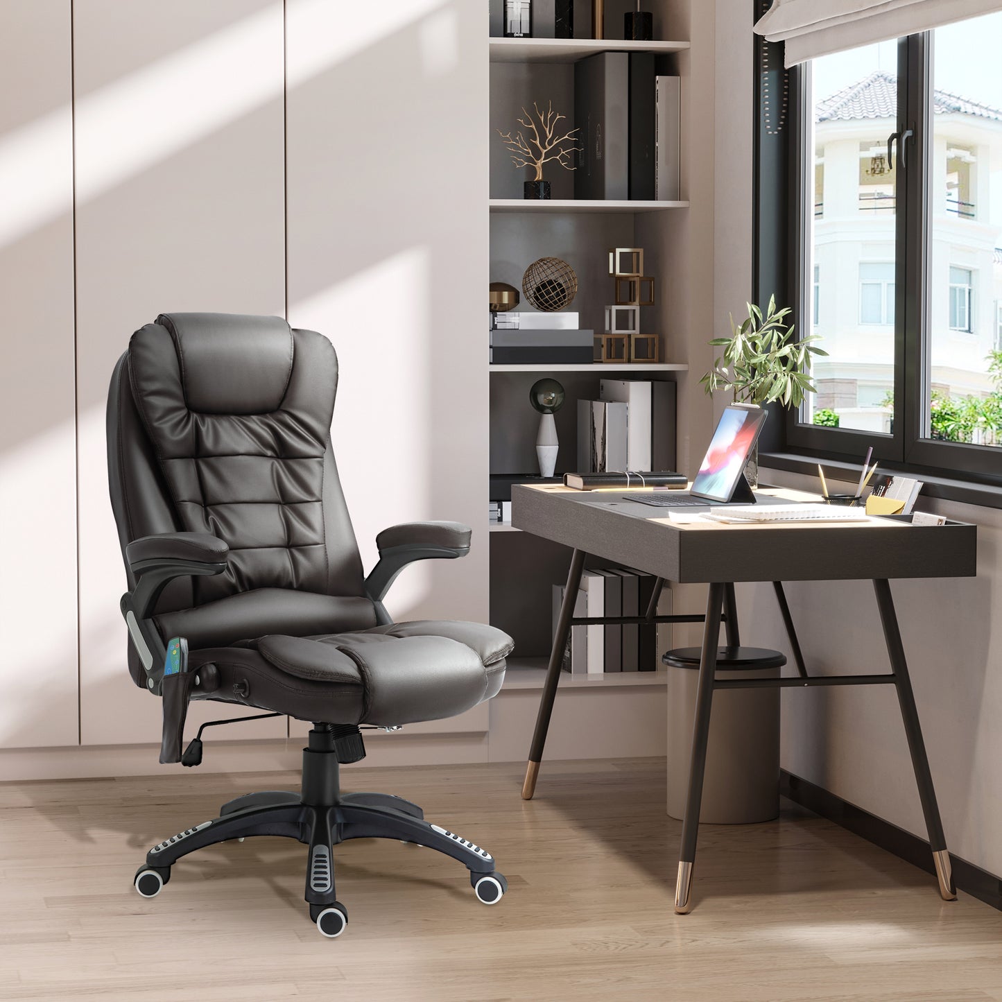 HOMCOM 6-Point Massage Office Chair with Seat Heated for Home Office, PU Leather High Back Executive Desk Chair with Adjustable Height and 360Â° Swivel for Work Study, Brown