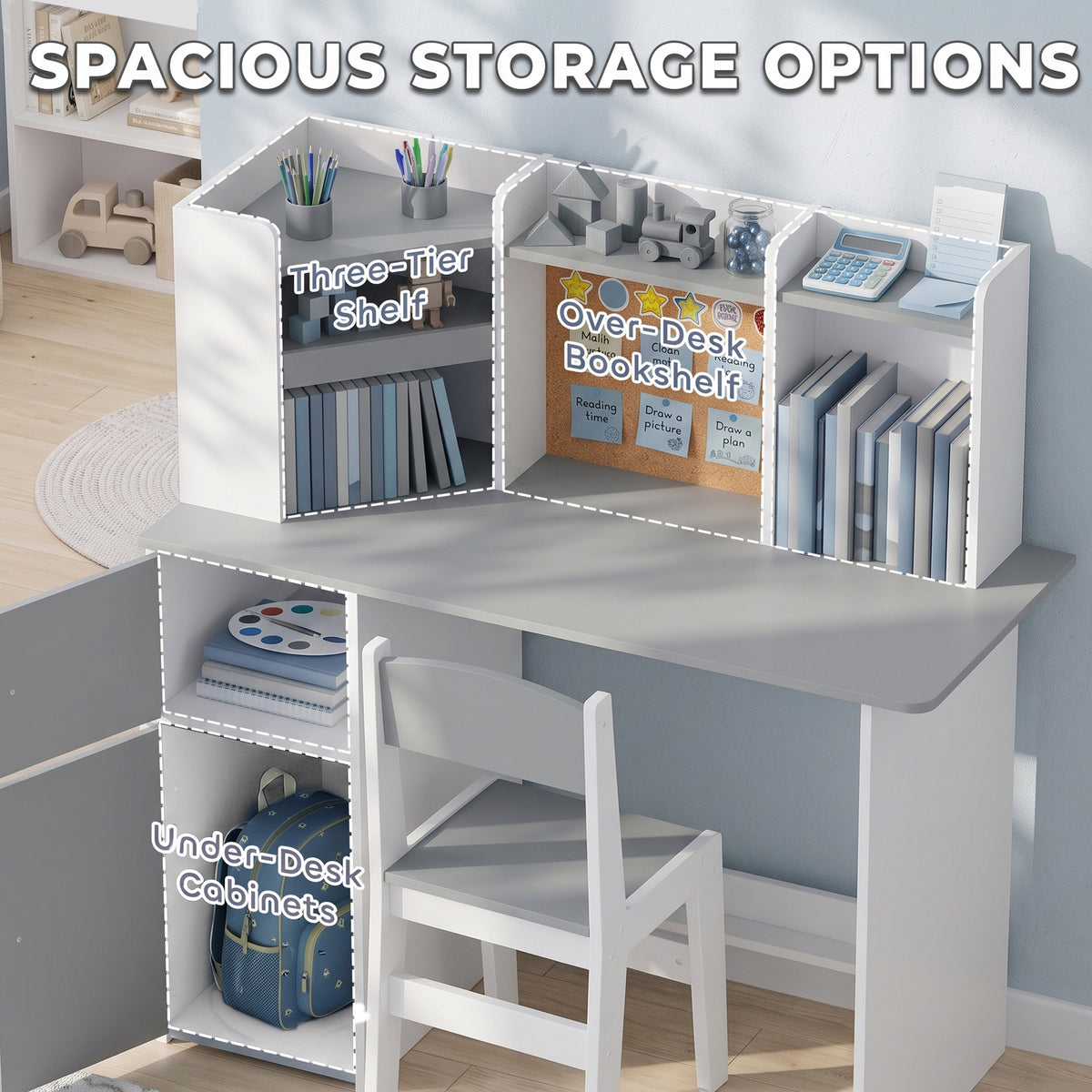 AIYAPLAY Kids Desk and Chair Set Storage Shelves Kids Desk Adjustable Tablet Stand Cork Board Pen Holder Grey