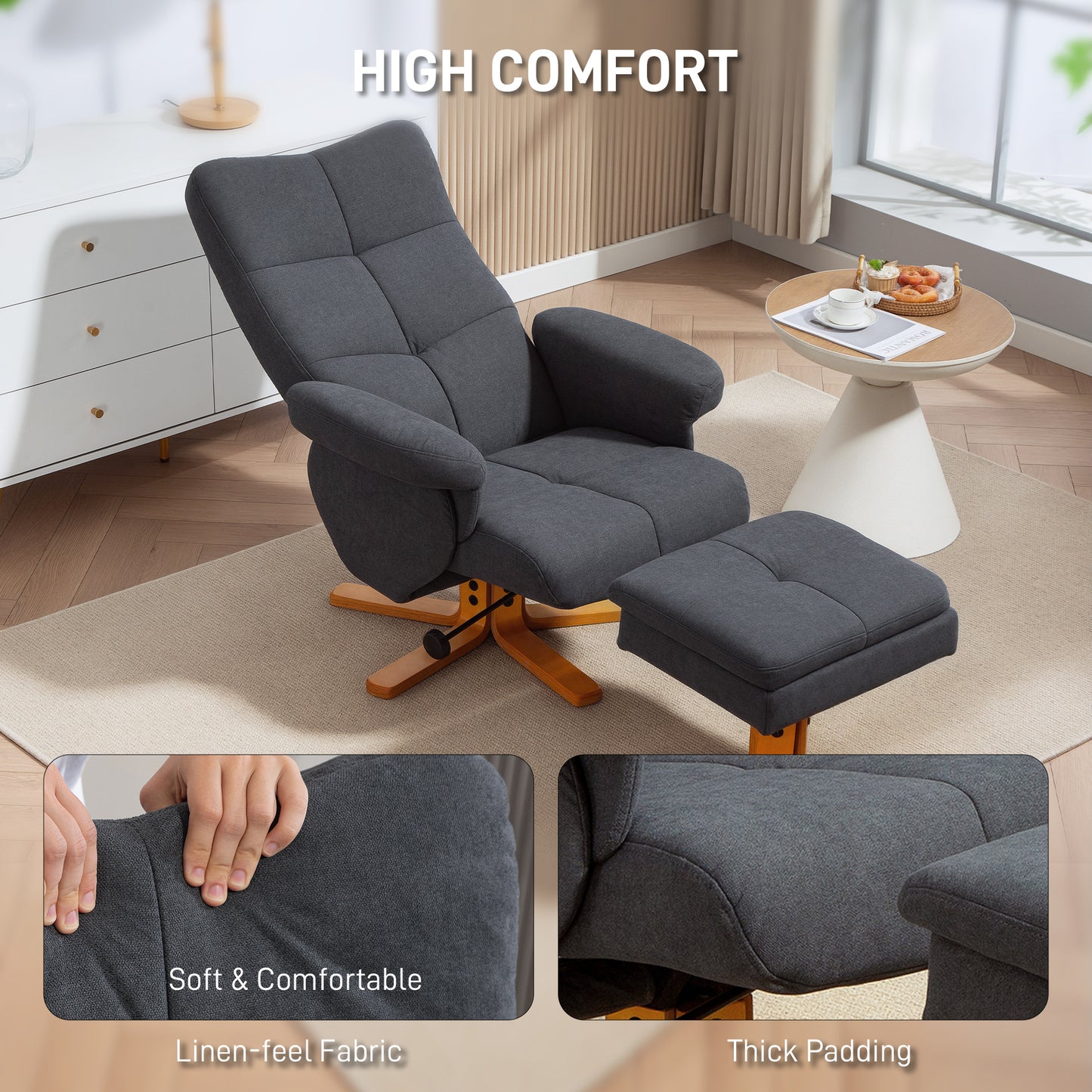 HOMCOM Linen-Look Recliner, with Storage Ottoman - Grey
