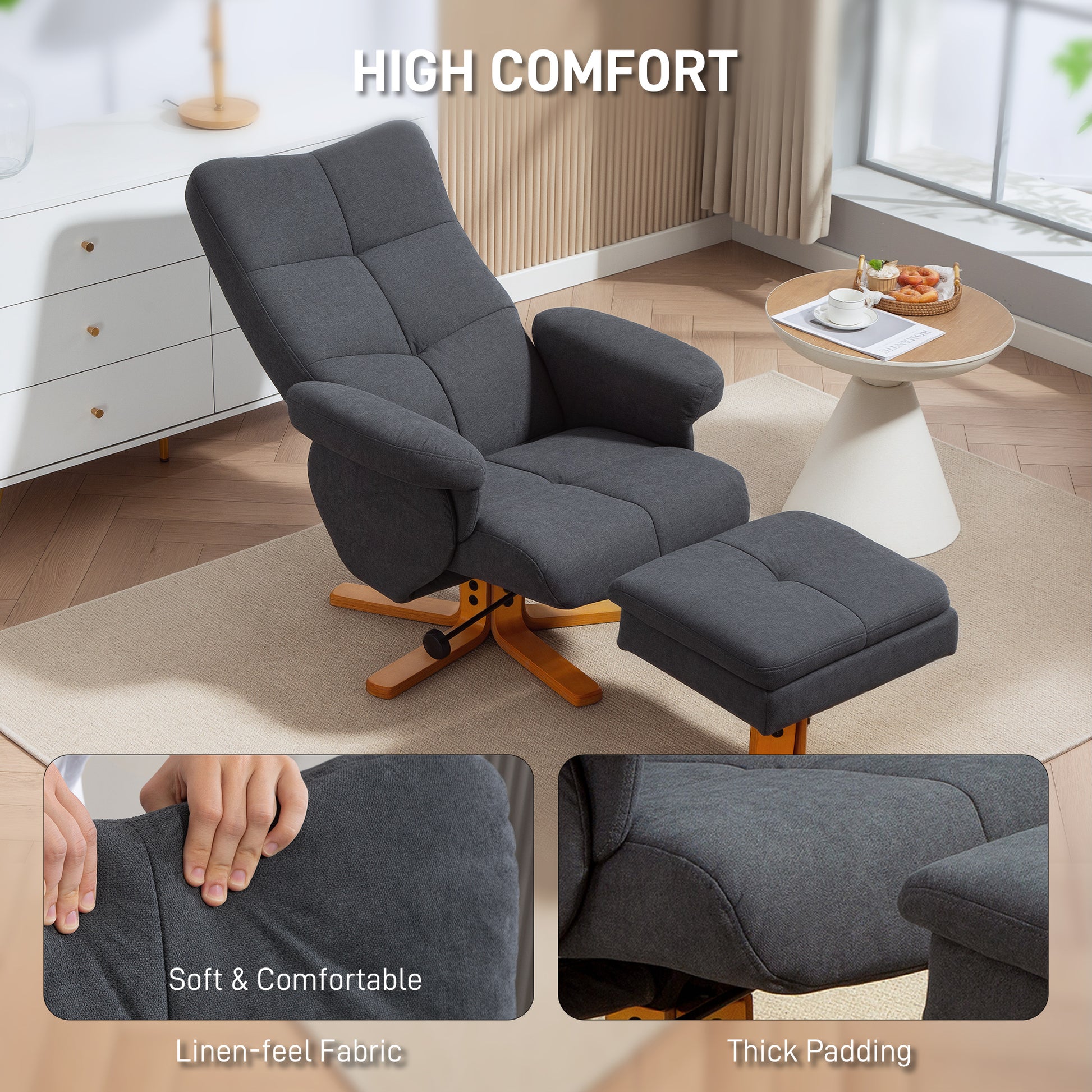 HOMCOM Linen-Look Recliner, with Storage Ottoman - Grey