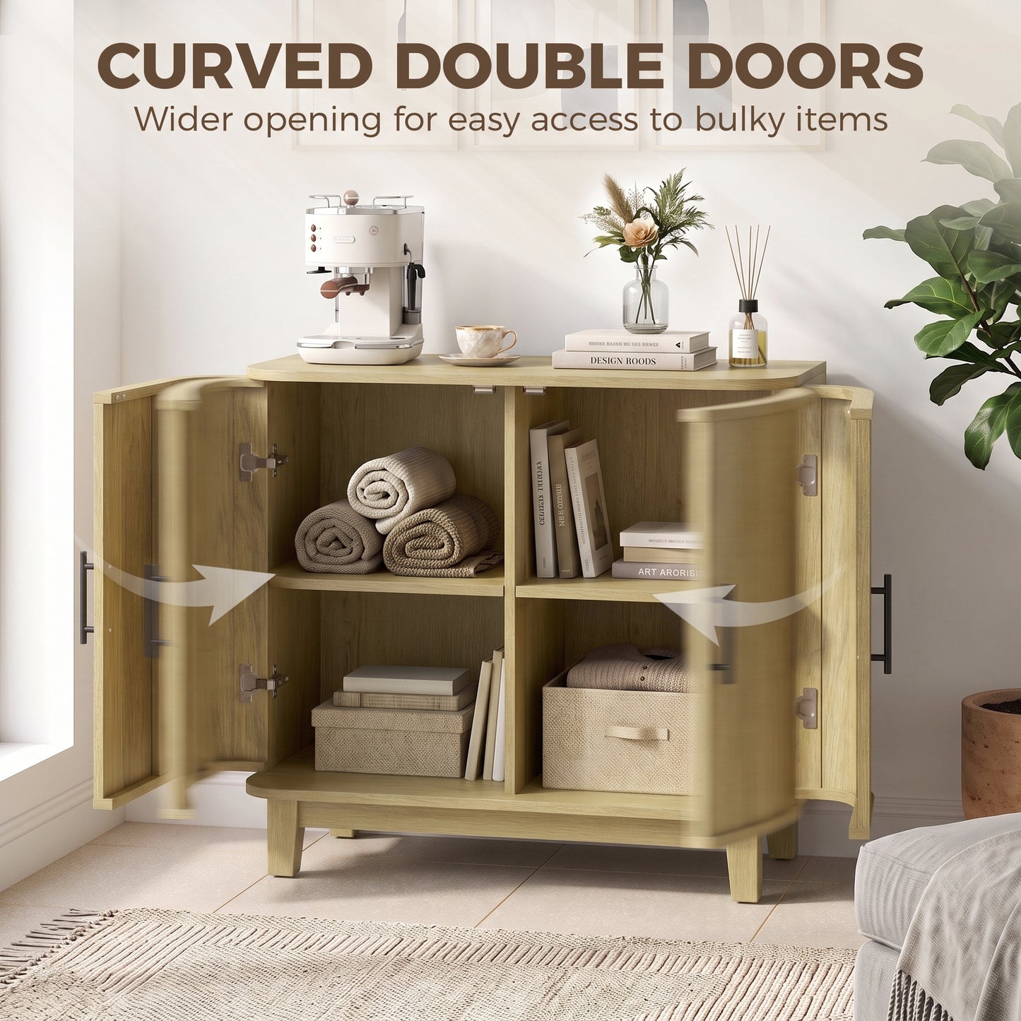 HOMCOM 80cm Sideboard Buffet Cabinet, Storage Cabinet with 2 Curved Doors, Adjustable Shelf and Legs for Dining Room, Oak