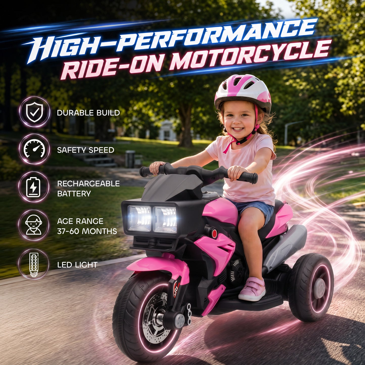 AIYAPLAY Kids Electric Motorcycle Ride-On Toy, 3-Wheel Battery-Operated Motorbike with Horn, Toddler Ride On Bike, Pink