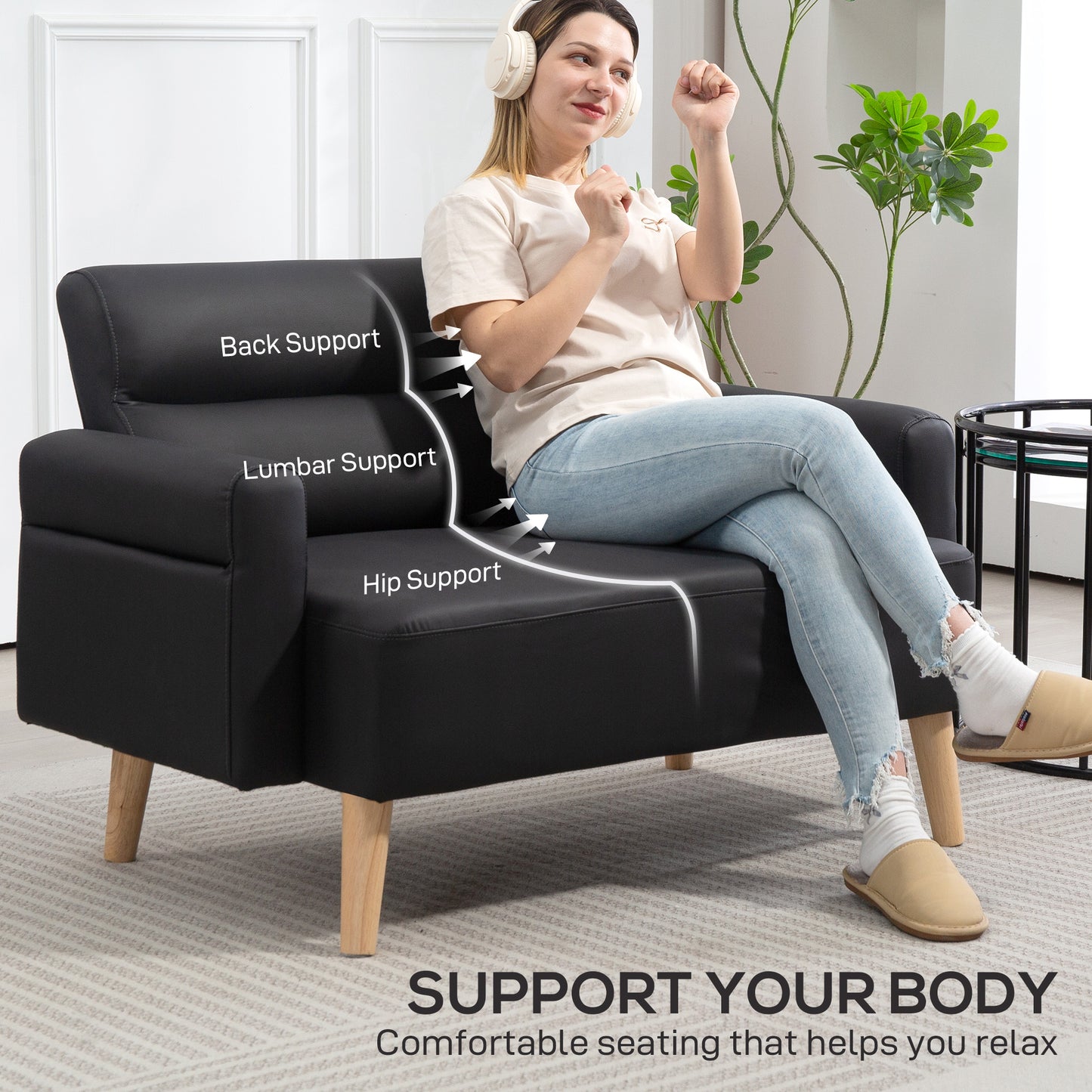 HOMCOM Small Faux Leather 2 Seater Sofa Settee - Black