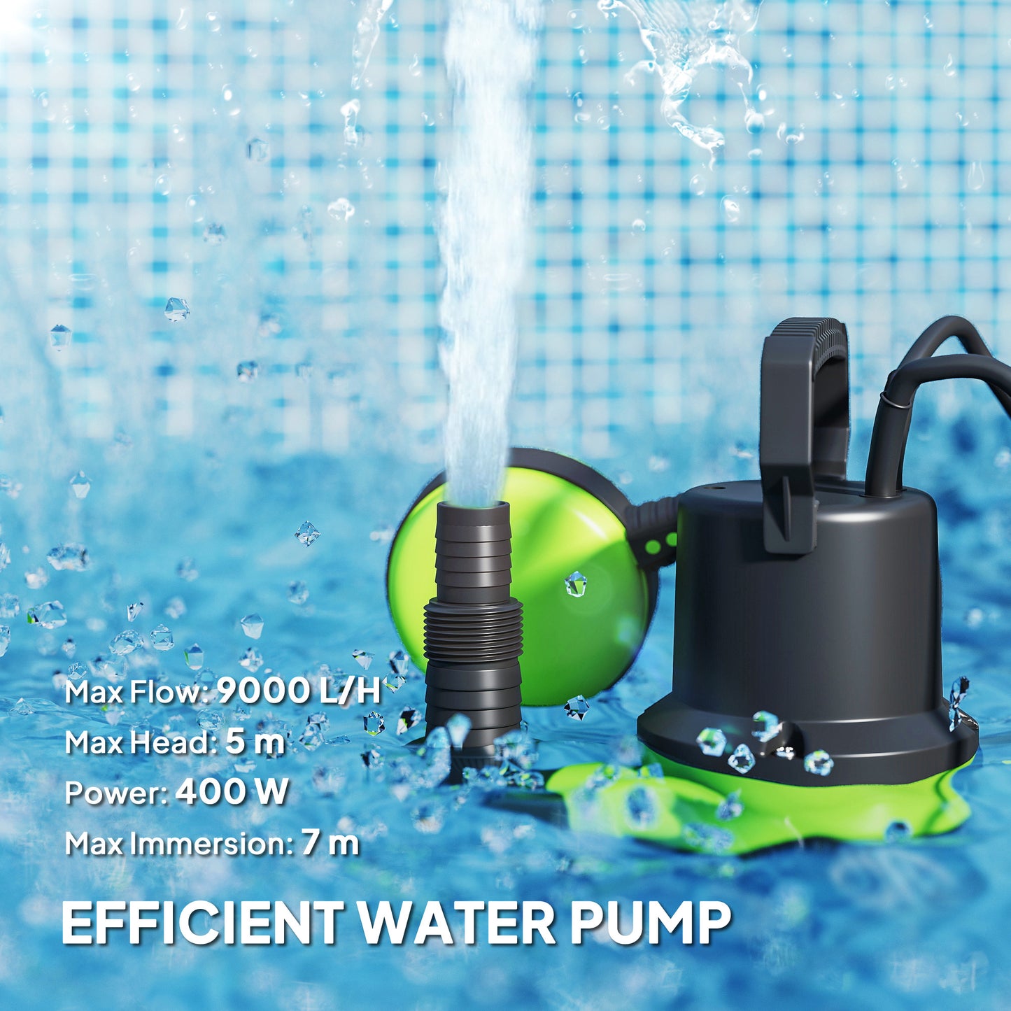 Outsunny 400W Submersible Water Pump for Dirty/Clean Water, 9000L/H Electric Sump Pump with Float Switch, Drain Water from Garden Pond, Hot Tub, Ditches, Portable and Lightweight