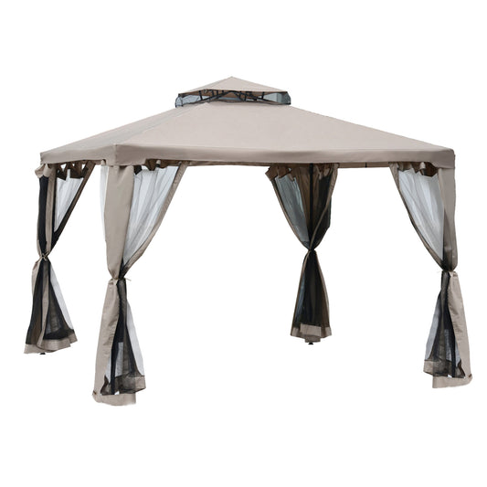 Outsunny Outdoor Gazebo, 2-tier Roof with Netting for Garden Patio, 295L x 295W x 263Hcm, Taupe