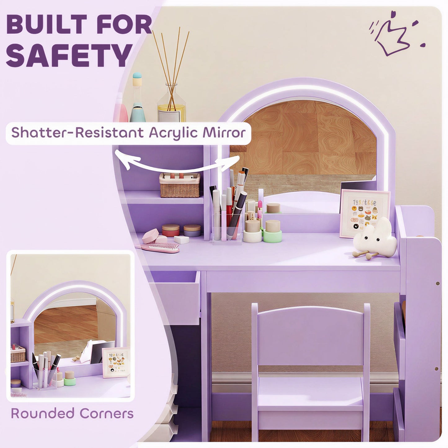 AIYAPLAY Kids Vanity Table and Chair Set, Girls Dressing Table with 2-Colour LED Mirror, Stool, Cabinet, Drawer, Shelves, Purple