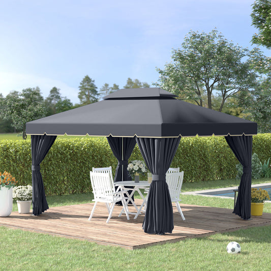 Outsunny 3 x 4m Aluminium GardenÂ Gazebo, Marquee Canopy Shelter Pavilion Party Tent with Nets and Curtains for Garden and Deck, Black