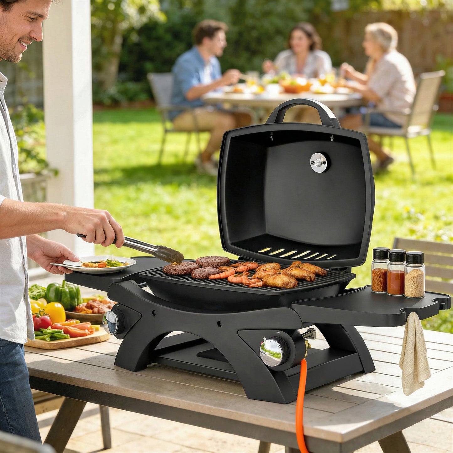 Outsunny 2 Burner Gas Grill with 2 Detachable Side Tables, 3.8 KW Steel Barbecue Grill with Cast Iron Grates, Lid, Thermometer