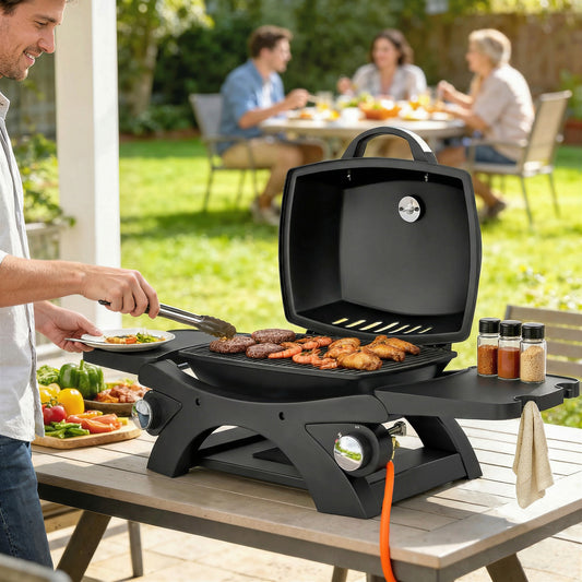 Outsunny 2 Burner Gas Grill with 2 Detachable Side Tables, 3.8 KW Steel Barbecue Grill with Cast Iron Grates, Lid, Thermometer