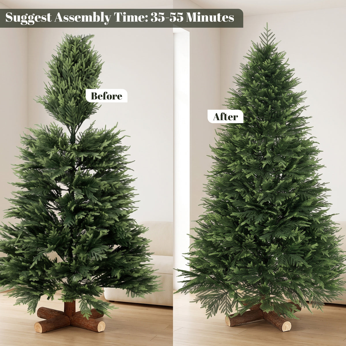 HOMCOM 7ft Artificial Christmas Tree, Hinged Xmas Tree with Realistic 1071 PE & PVC Branch Tips, Fir Wood Base, Green