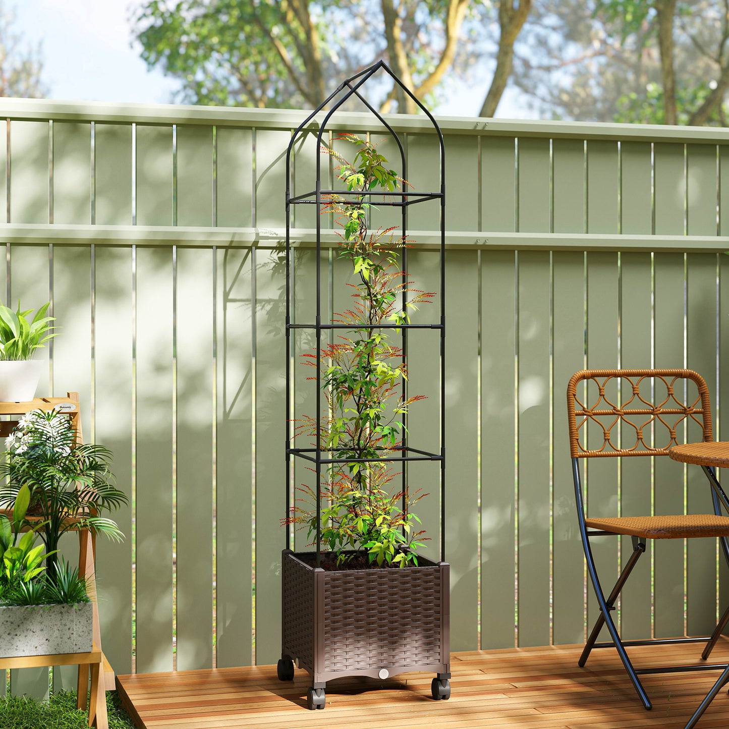 Outsunny Raised Garden Bed with Trellis, Tomato Cage with Lockable Wheels, Self Watering Planter Box with Drainage Holes, Brown