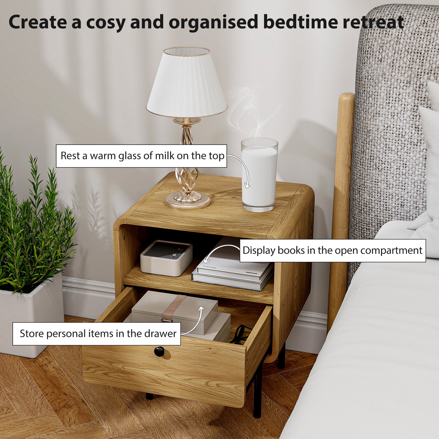 HOMCOM Bedside Table with Drawer and Open Shelf - Oak