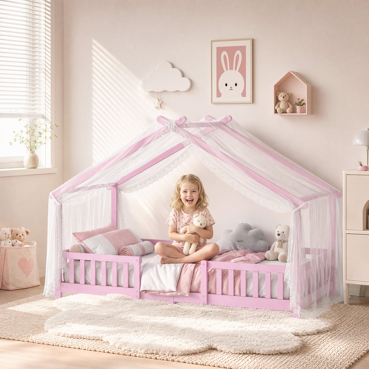 AIYAPLAY Wooden Kids House Single Bed Frame, Solid Pine Wood Toddler Bed with Dual Guardrails for Children, Boys, Girls, Pink
