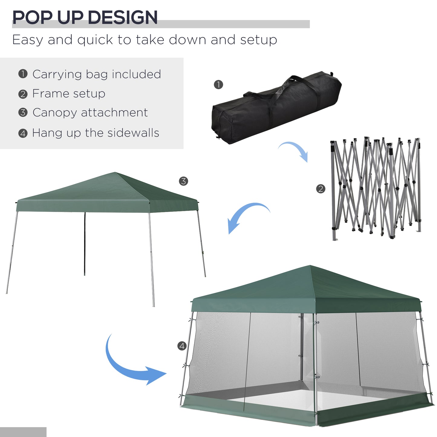 Outsunny Outdoor Garden Pop-up Gazebo Canopy Tent Sun Shade Event Shelter Folding with Adjustable Height, Mesh Screen Side Walls 3.5 M Ã— 3.5 M Base / 3 M Ã— 3 M Top, Green