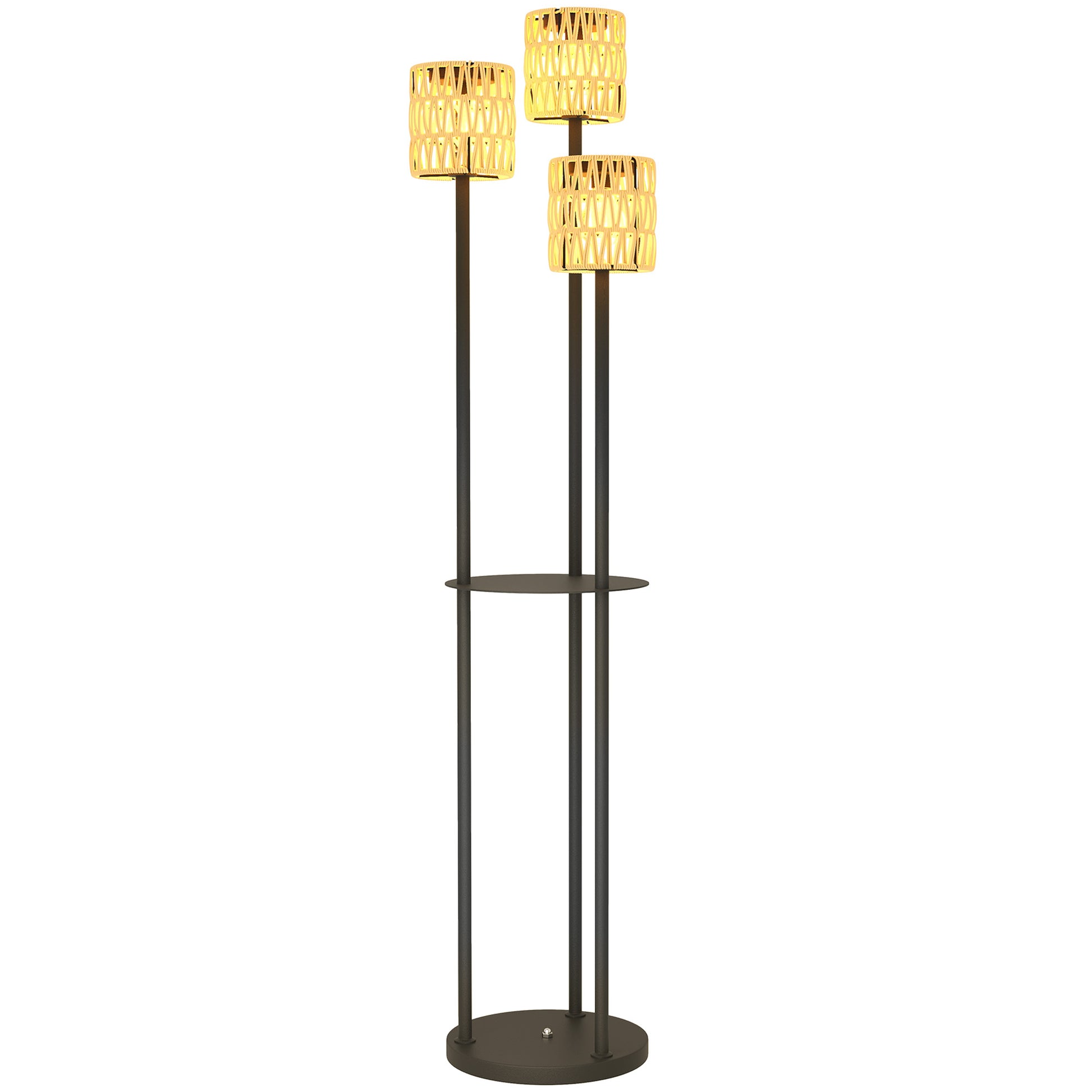 Outsunny Boho Rattan Floor Lamp, 3-Lights Rattan Lamp with Shelf, Freestanding Solar Garden Light with Auto On/Off Lights, IP44 Waterproof for Porch, Pathway, Terrace, Yellow