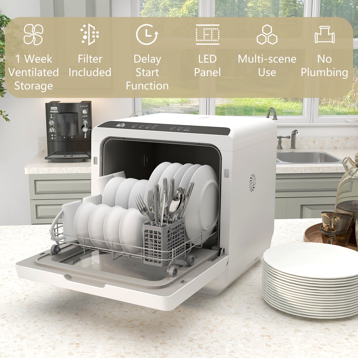 HOMCOM Table Top Dishwasher with 6L Water Tank, Mini Countertop Dishwasher with 6 Programs, 4 Place Settings, Black and White