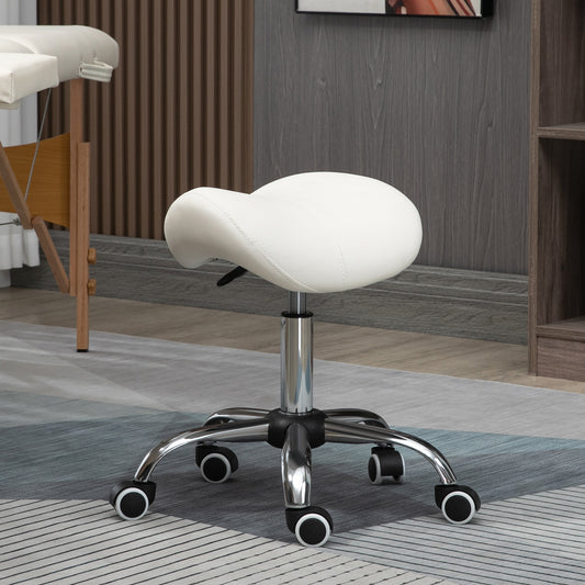 HOMCOM Cosmetic Stool 360Â° Rotate Height Adjustable Salon Massage Spa Chair Hydraulic Rolling Faux Leather Saddle Stool, Cream