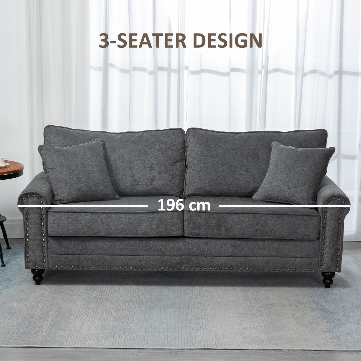 HOMCOM 196cm 3 Seater Sofa, Fabric Sofa with Rubber Wood Legs, Nailhead Trim, 2 Pillows, Small Upholstered Couch Settee for Living Room, Guest Room, Grey