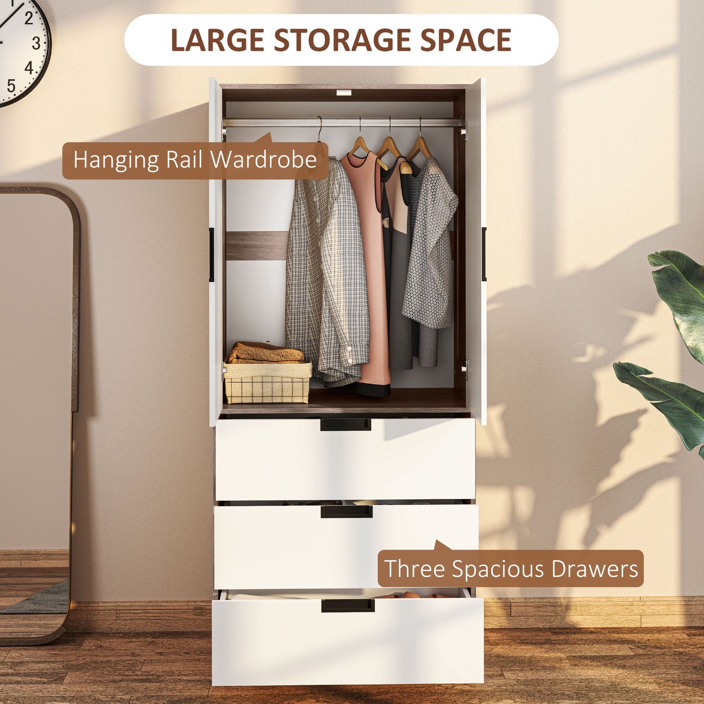 HOMCOM Two Door Wardrobe with drawers for Bedroom Use Family Use, White Brown