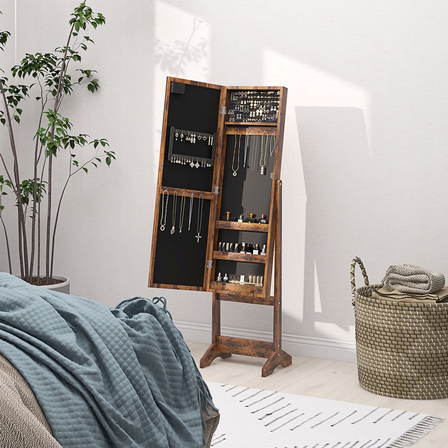 HOMCOM Freestanding Mirrored Jewellery Storage Cabinet - Wood-Effect