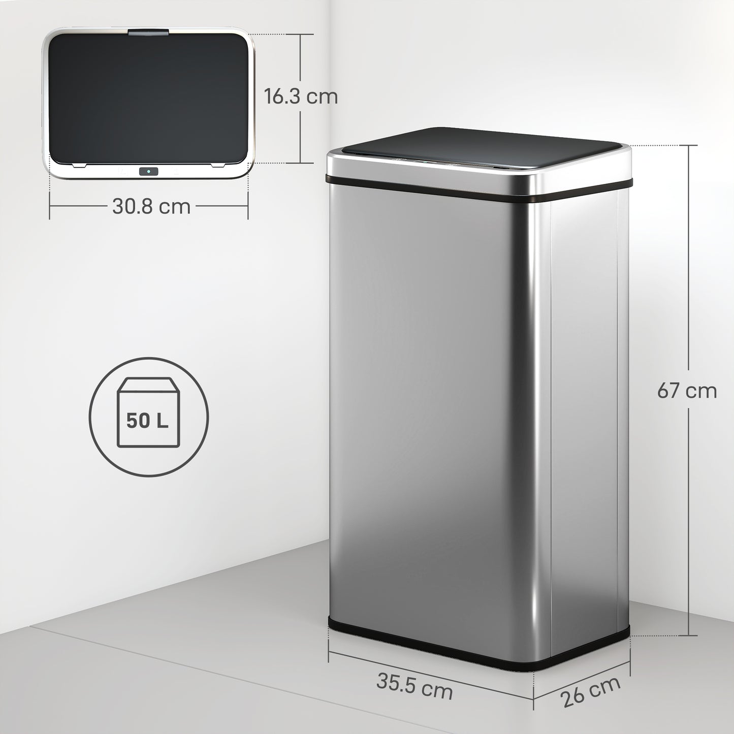 HOMCOM 50L Sensor Bin with Quiet Soft-Close Lid, Automatic Touchless Motion Sensor Kitchen Bin with Fingerprint Resistant Stainless Steel for Hygienic Gyms, Home Office Use, Silver Tone