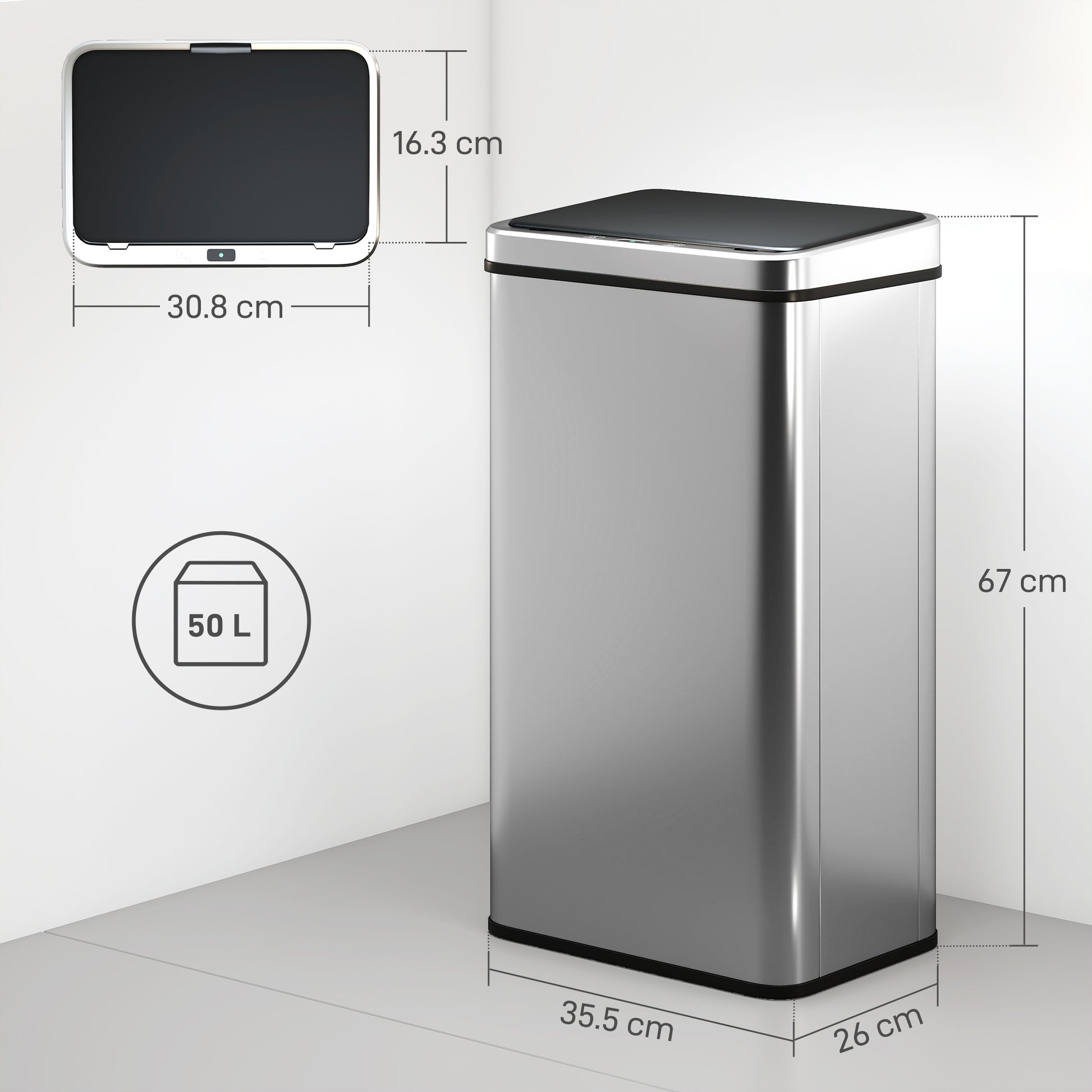 HOMCOM 50L Sensor Bin with Quiet Soft-Close Lid, Automatic Touchless Motion Sensor Kitchen Bin with Fingerprint Resistant Stainless Steel for Hygienic Gyms, Home Office Use, Silver Tone