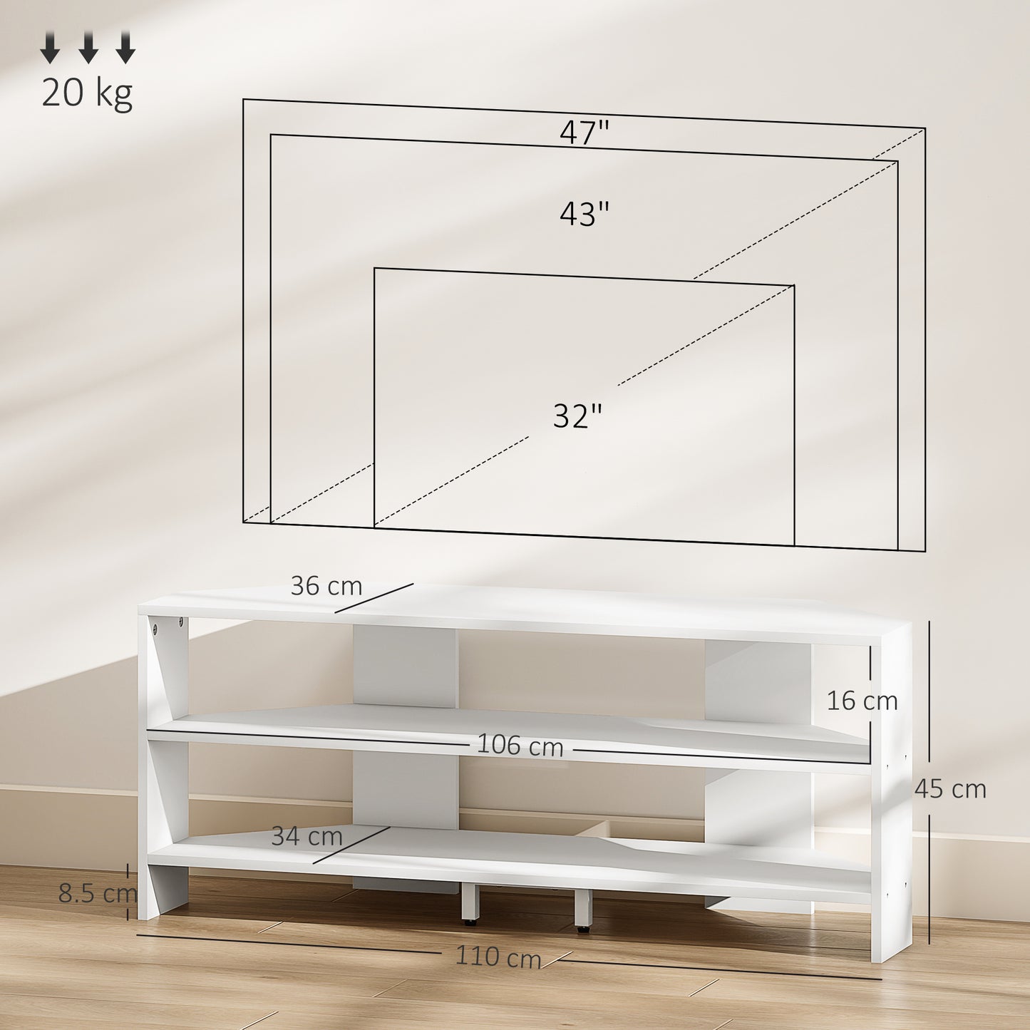 HOMCOM Corner TV Stand with 2 Open Shelves for 47 Inch TV - White