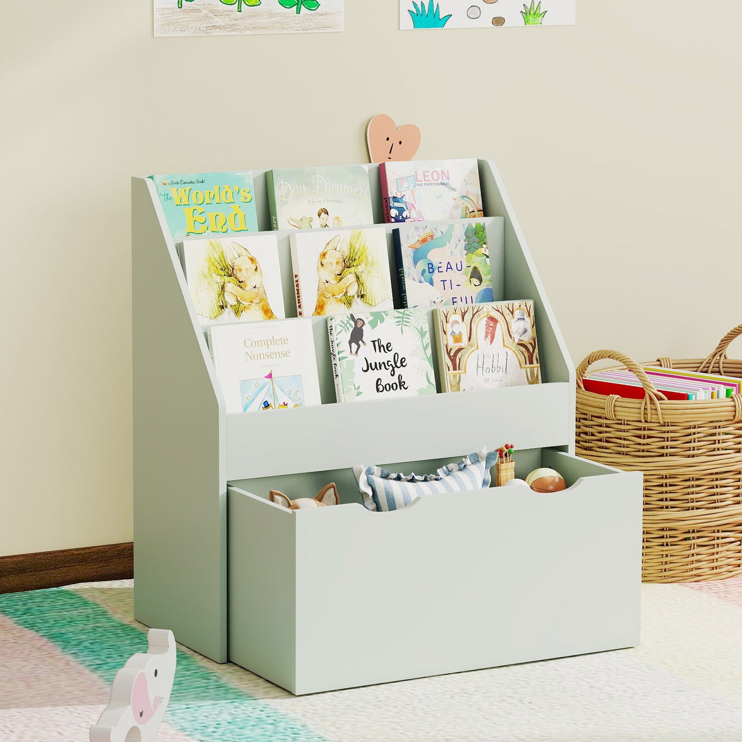AIYAPLAY Bookcase for Kids with Shelves, Drawer, Bookcase for Bedroom, Playroom, Green