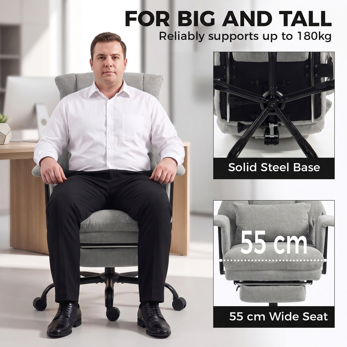 HOMCOM Office Chair, 180kg Heavy Duty Linen Computer Desk Chair with Lumbar Support, Wide Seat, Spring Cushion, Grey