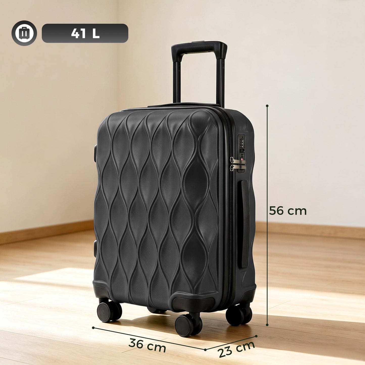 HOMCOM 56cm 41L Suitcase, Lightweight ABS Hard Shell Carry On Luggage with TSA Lock, Spinner Wheels, Telescopic Handle, Black
