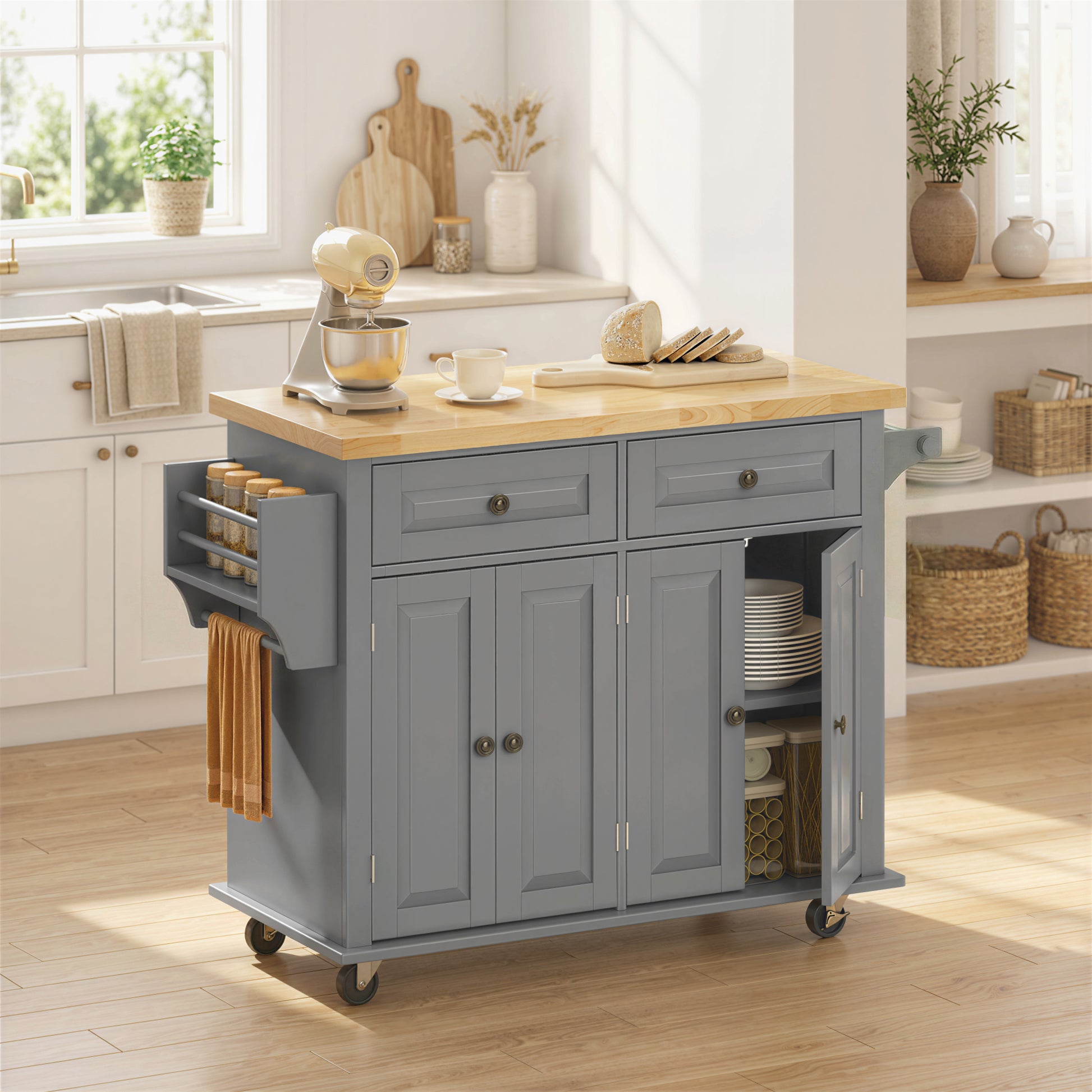 HOMCOM Rolling Kitchen Island Storage Trolley with Rubber Wood Top & Drawers for Dining Room, Grey