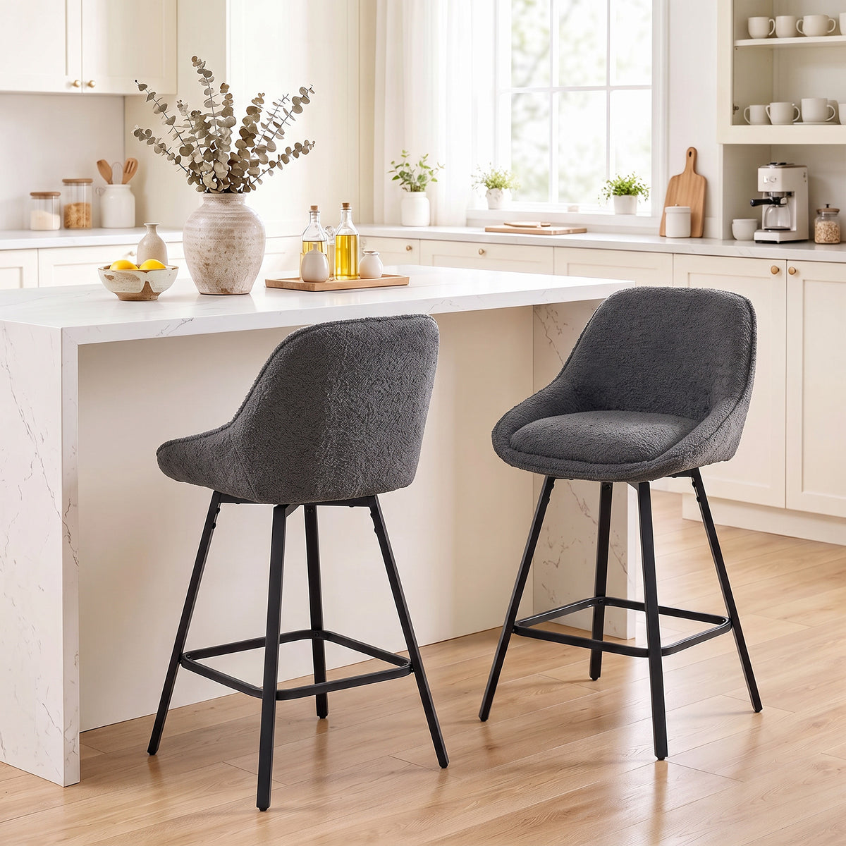 HOMCOM Bar Stools Set of 2, 64 cm Modern Linen-Touch Fabric 360Â° Swivel Counter Height Bar Chairs, Dark Grey