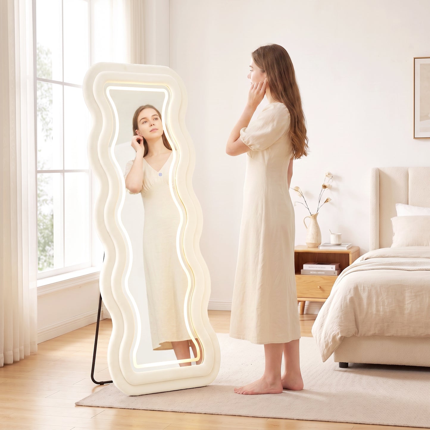 HOMCOM Full Length Mirror, 160 x 60 cm Wavy Full Body Wall Standing Mirror with Velvet Frame and Tempered Glass, Cream White