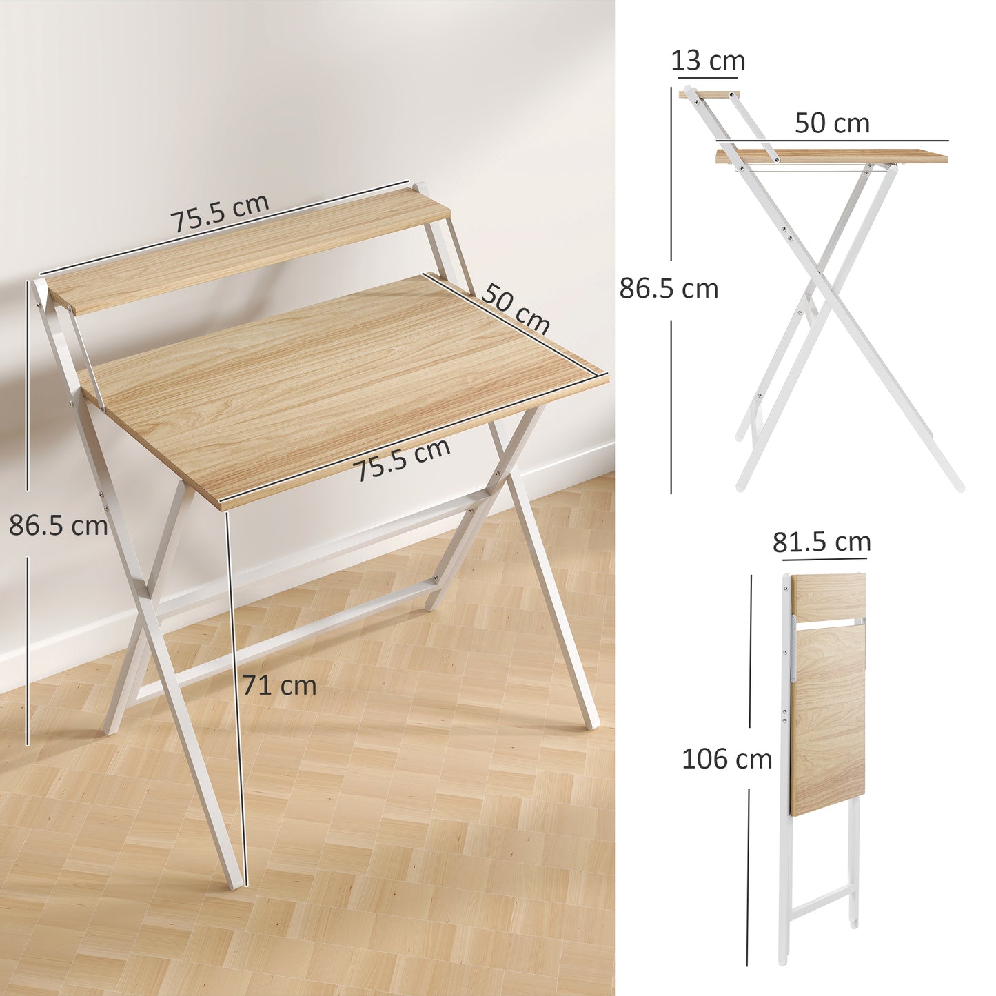 HOMCOM 81.5 cm Folding Computer Desk with Monitor Shelf - Natural Wood Finish