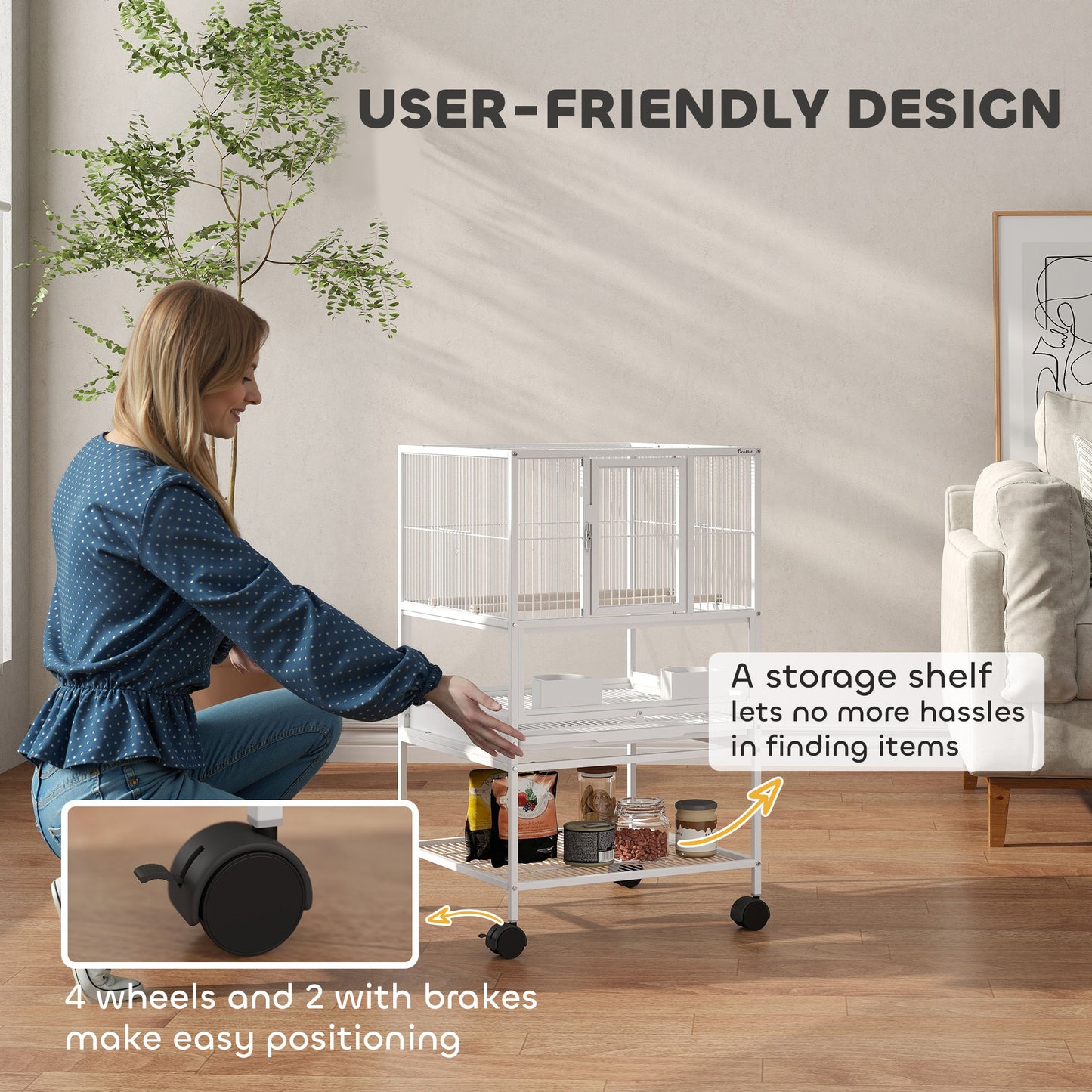 PawHut Bird Cage with Rolling Stand, Acrylic Viewing Panels, Storage Shelf, for Budgie, Parakeet, 48 x 46 x 83 cm