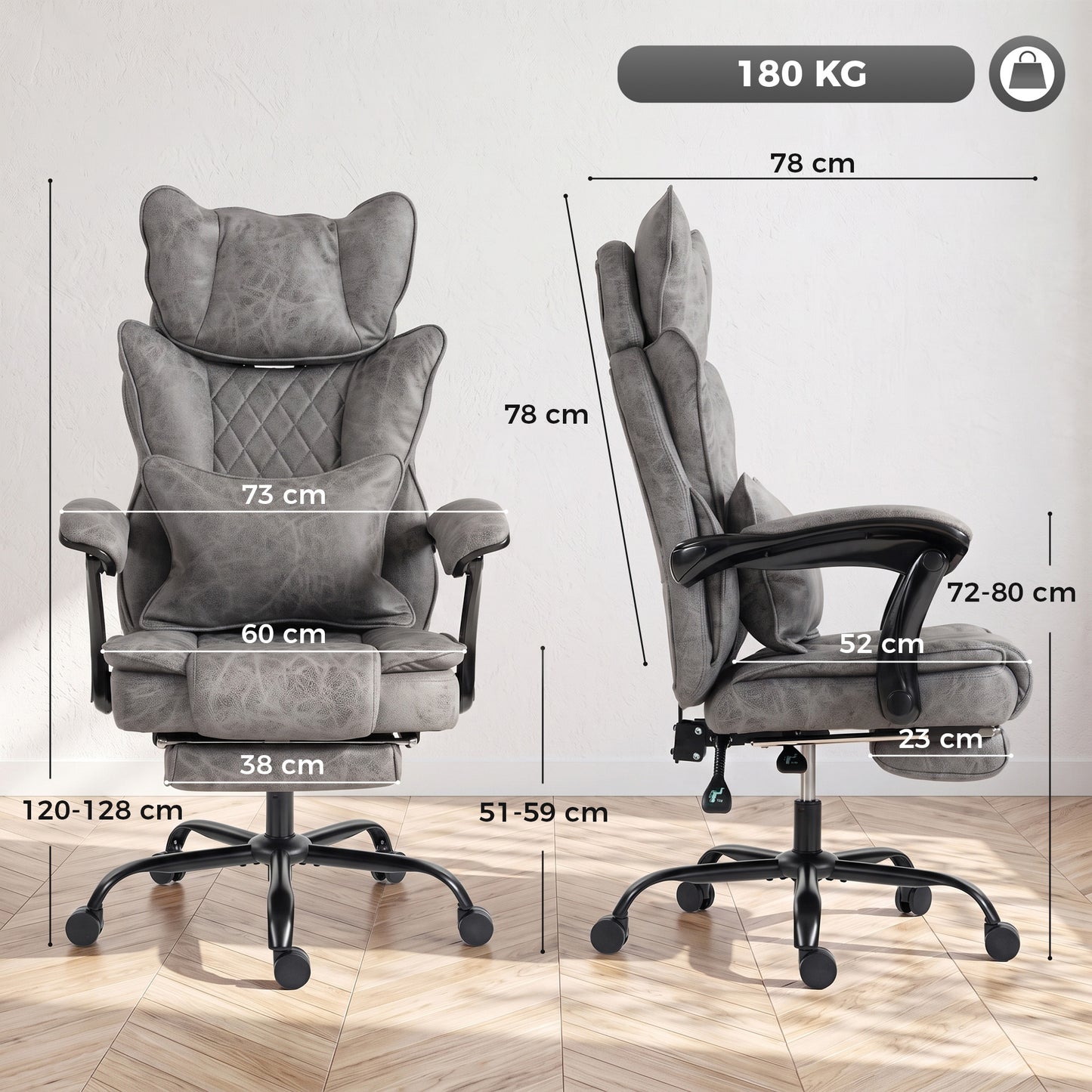 HOMCOM Executive Office Chair, Leathaire Big and Tall Office Chair 180 kg with Wide Seat, Reclining, Lumbar Support, Grey