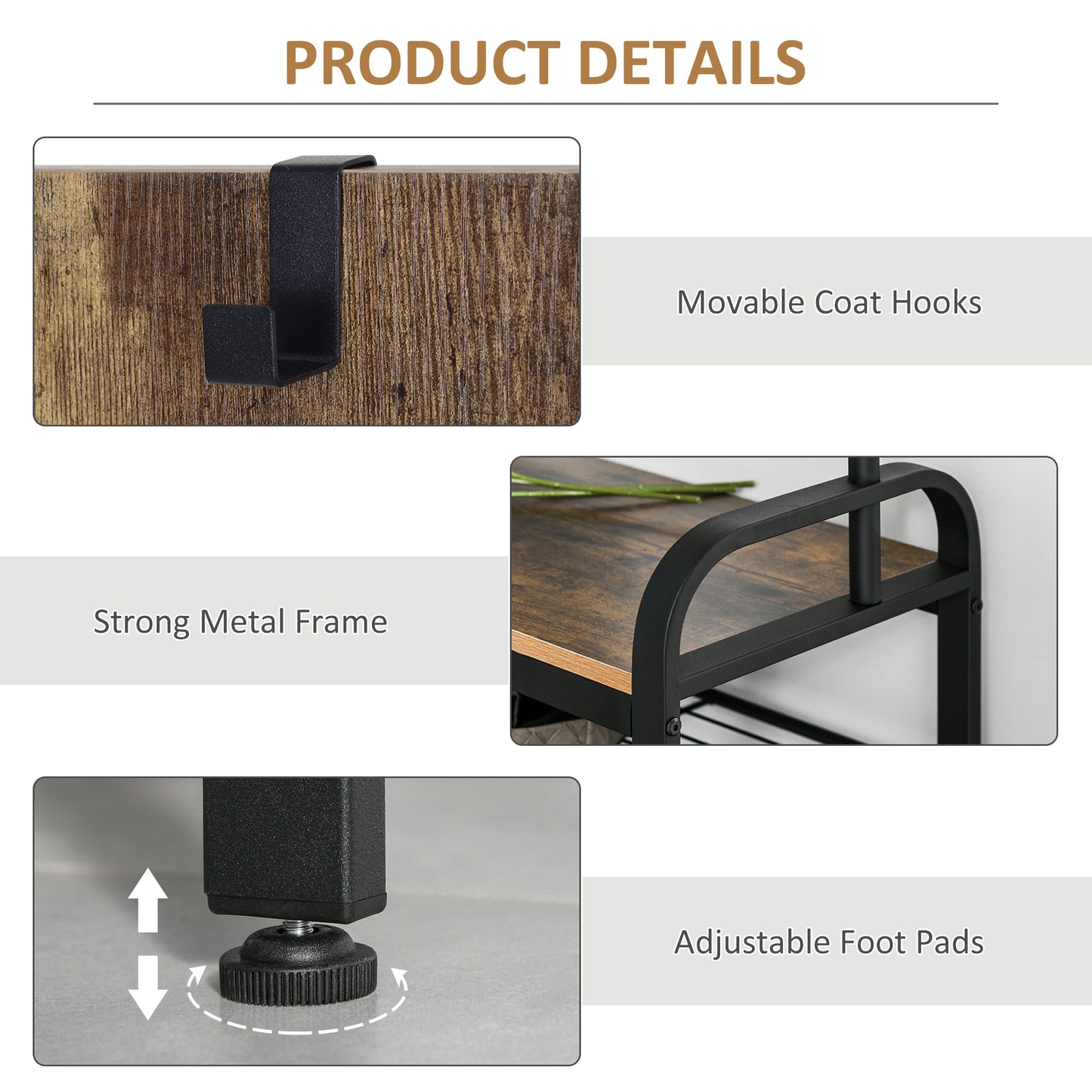 HOMCOM Coat Rack Stand Industrial hallway Shoe Rack Removable Hooks Metal Wood Hangers Storage Cabinet Rustic Brown 72LÃ—34WÃ—185H(cm)