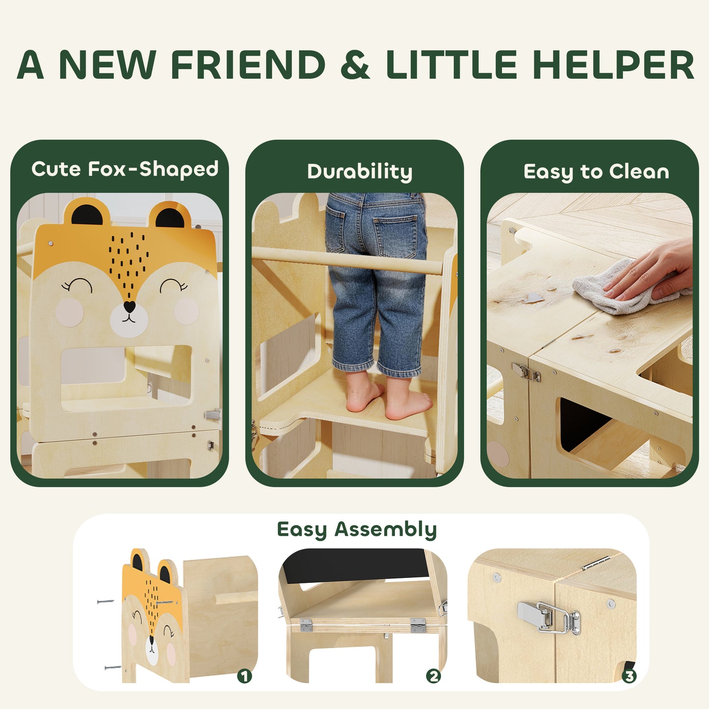 AIYAPLAY Toddler Step Stool, Standing Tower with Chalkboard, 3-in-1 Fox-Shaped Step Stool for Kitchen Counter, Natural