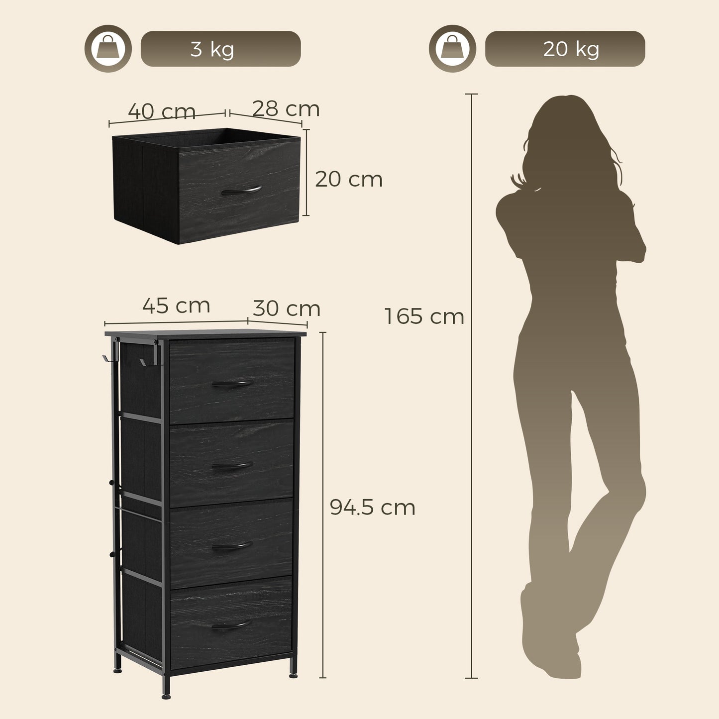 HOMCOM Chest of Drawers, Dresser with 4 Fabric Drawers, Tall Storage Unit with 4 Pockets and 2 Hooks, Steel Frame, Black