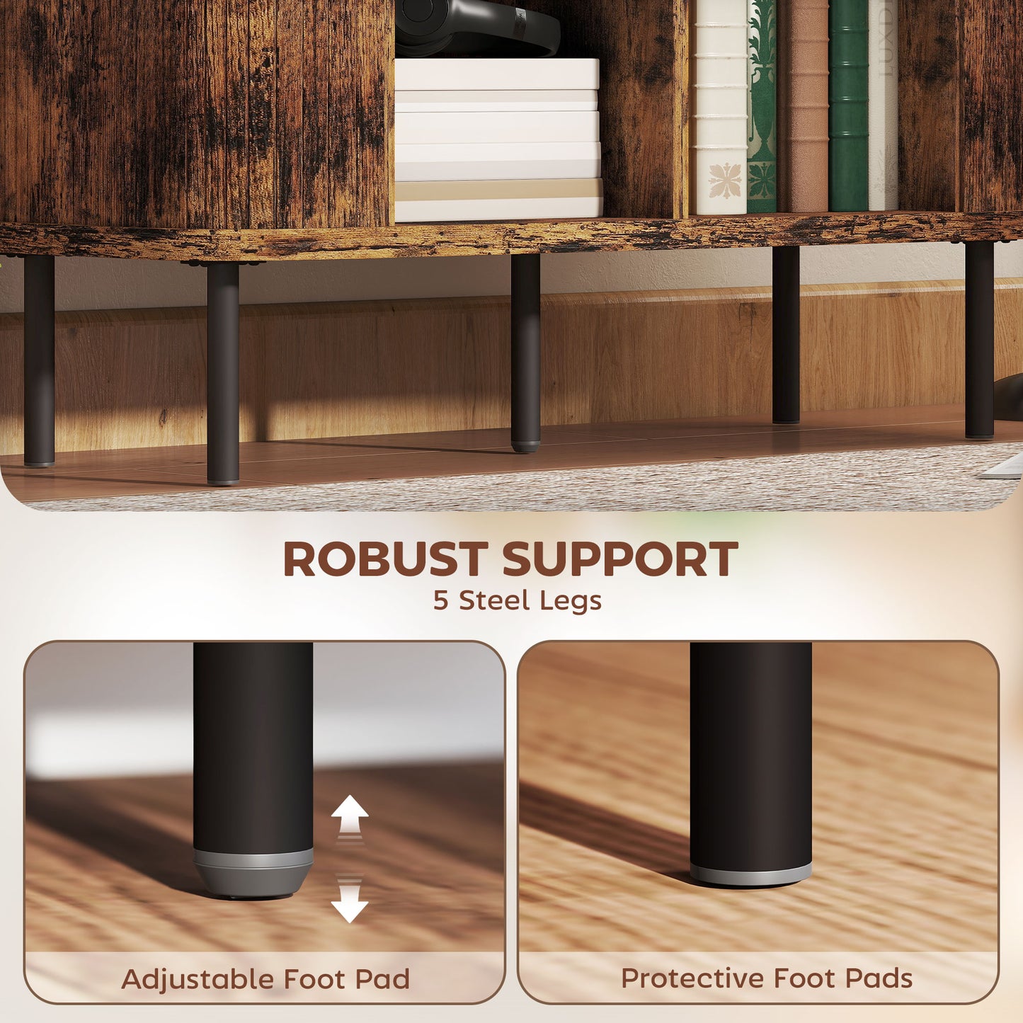 HOMCOM Mid-Century Modern Sideboard Storage Cabinet with Slatted Tambour Sliding Doors, Kitchen Cabinet with Steel Legs, Rustic Brown