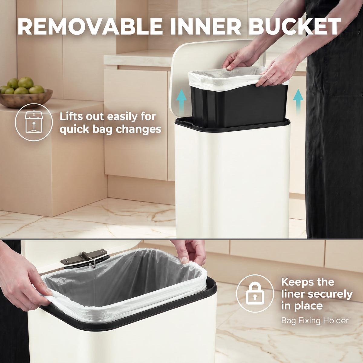 HOMCOM 50L Kitchen Pedal Bin, Rubbish Bin with Soft Close, Removable Inner Bucket, Fingerprint-Resistant DC03 Steel, Beige