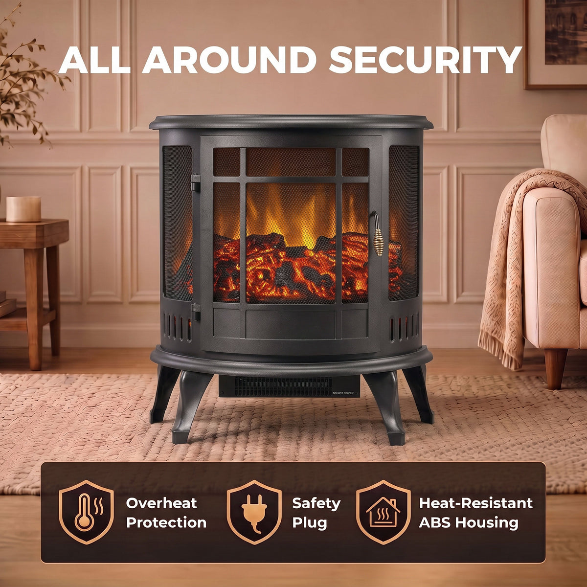 HOMCOM Electric Fireplace Stove, Freestanding Electric Fire Heater with Realistic LED Flame, 2000W, Black