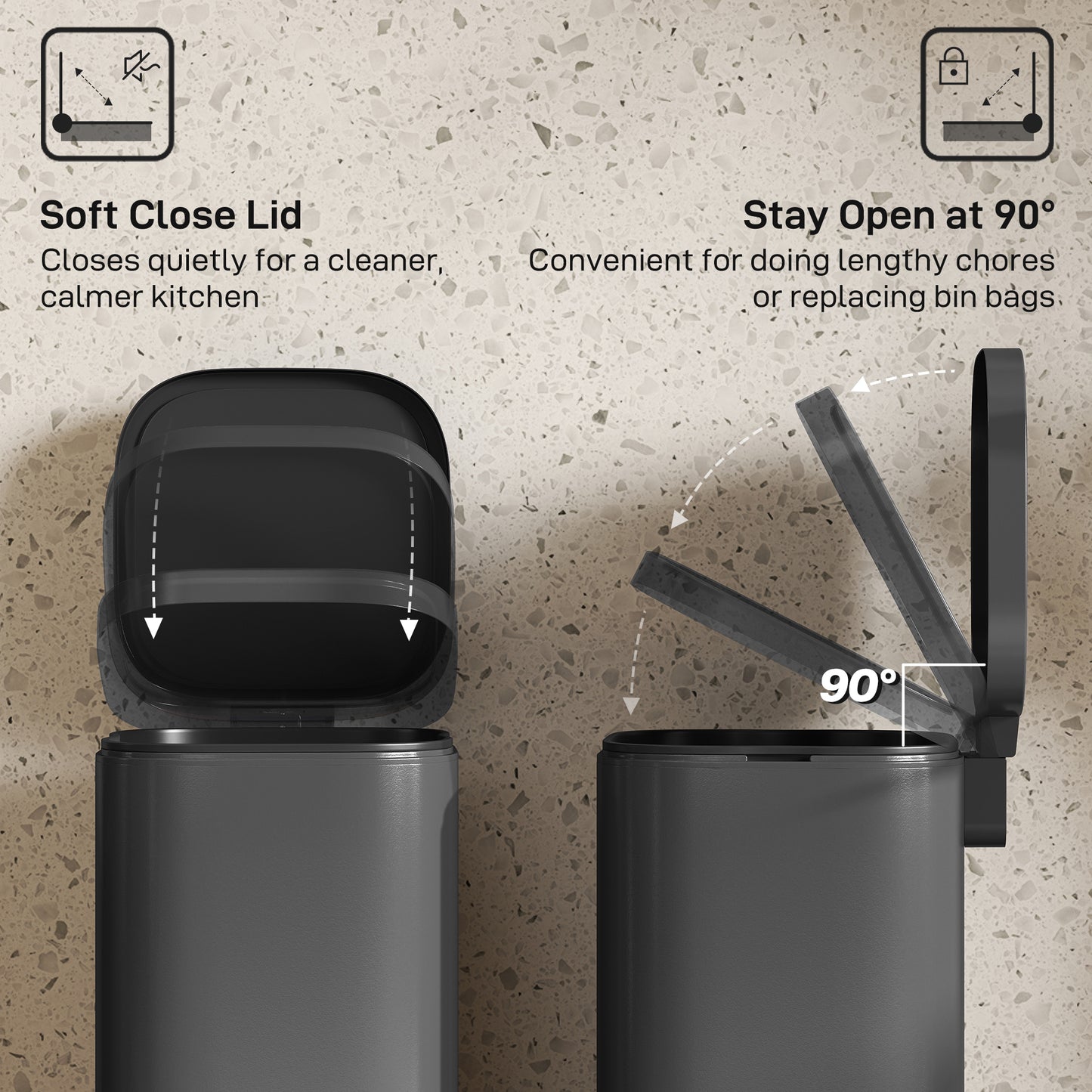 HOMCOM 30L Kitchen Bin, Compact Pedal Bin with Soft-Close and Stay-Open Lid, Removable Bucket for Kitchen, Home, Office, Black