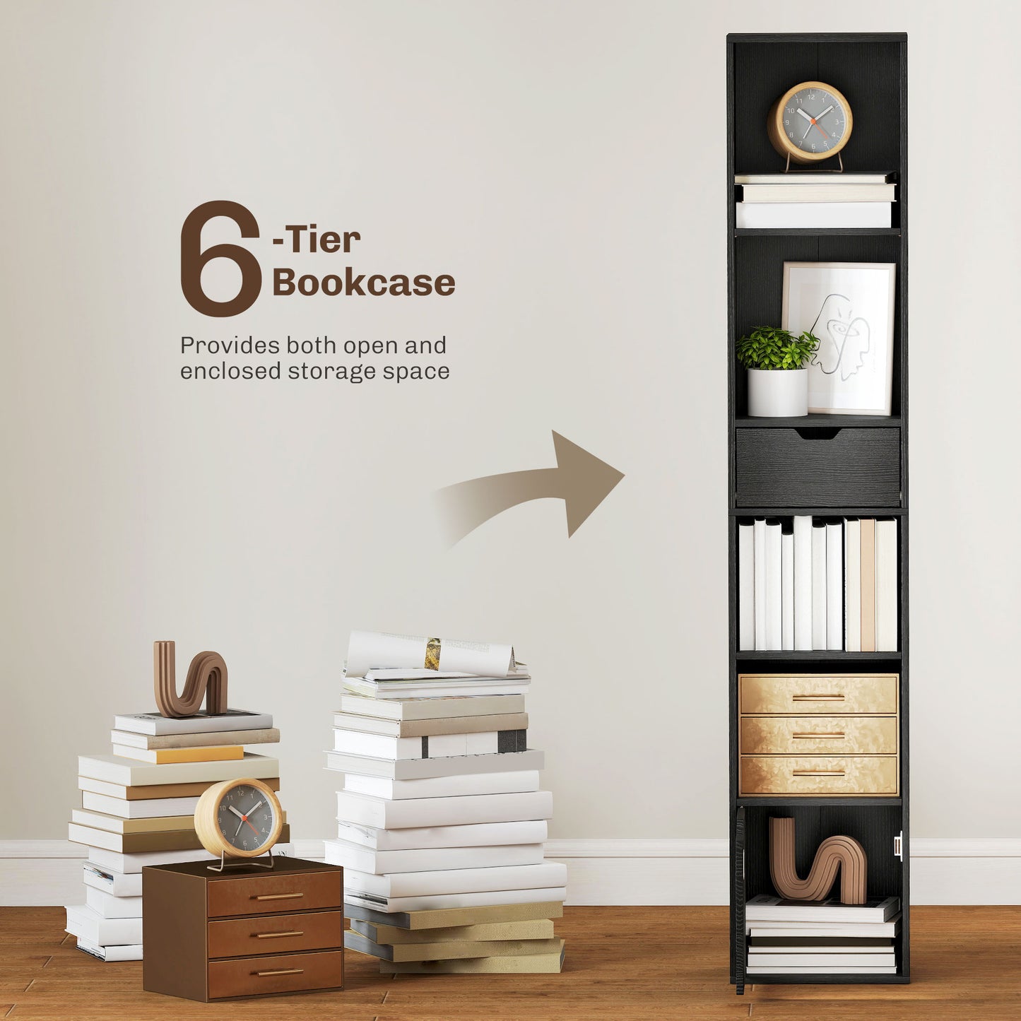 HOMCOM 6-Tier Bookcase, Tall Narrow Bookshelf with Drawer and Door - Black
