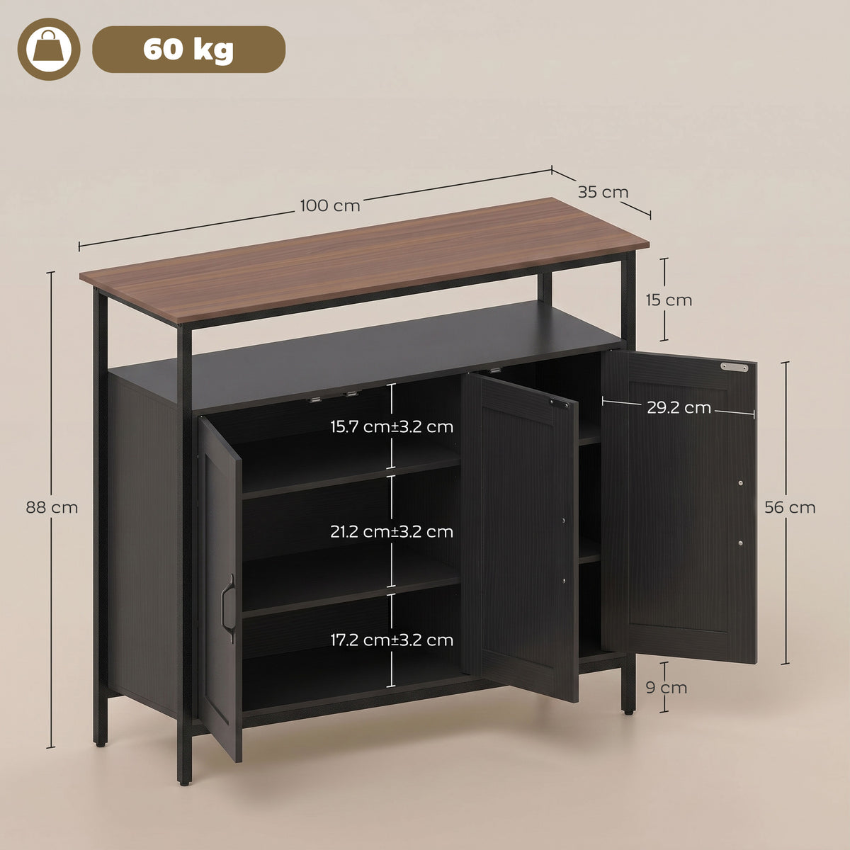 HOMCOM Industrial Kitchen Sideboard with Open Shelf, 2 Cabinets, Adjustable Shelves for Living Room, Dining Room, Black